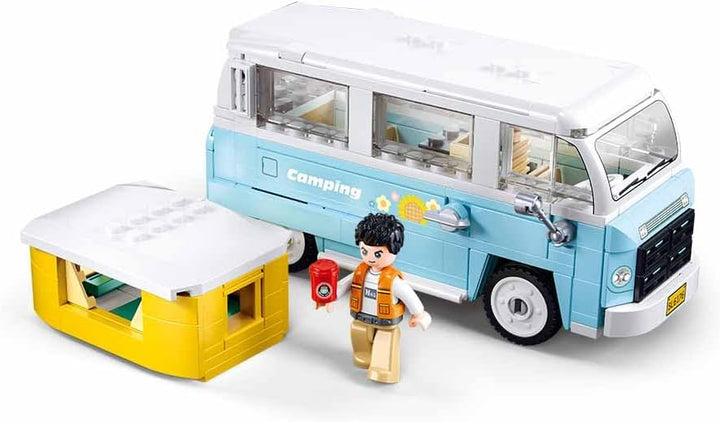 Sluban TS-2 Camping Modellbaukasten, 1/35 Massstab, 265 Teile, Blauer Campingbus mit Gelbem Dachaufs