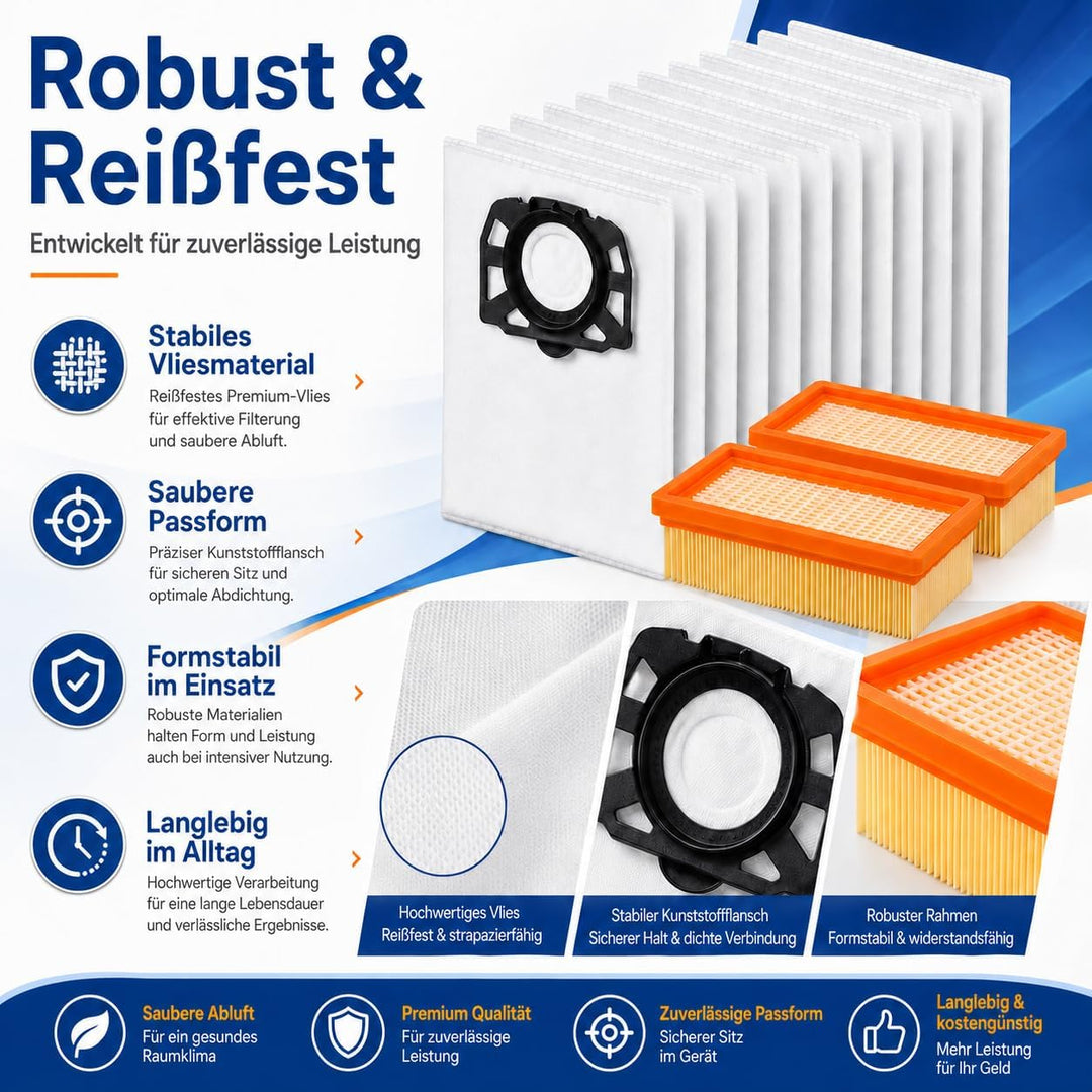 10 Stück Staubsaugerbeutel + 2 Stück Filter Ersatzset Kompatibel mit Kärcher WD4 WD5 WD6 WD5P WD6P M