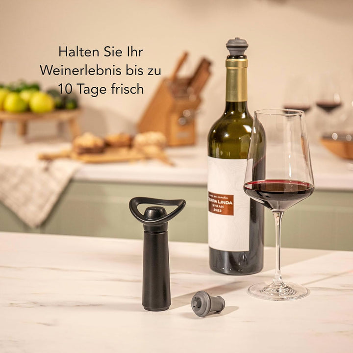 Vacu Vin Weinpumpe Concerto - Schwarz - 1 Pumpe 4 Stopper - Vakuumpumpe mit Weinflaschenverschluss -
