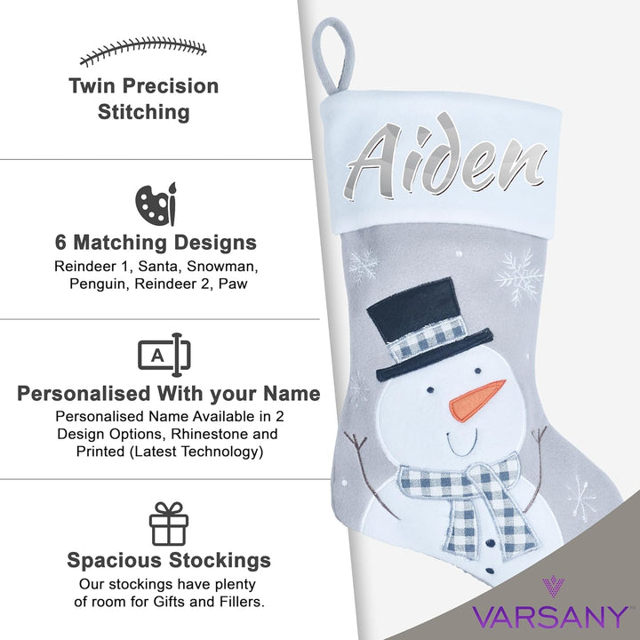 Varsany Premium Weihnachtsstrumpf mit grauem Schneemann-Design, personalisierbarer Name in Strass, W