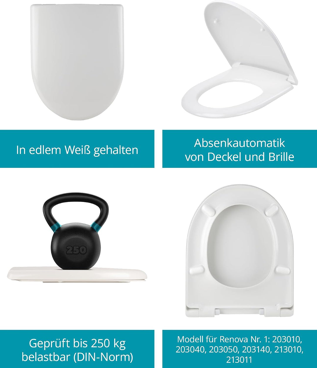 Calmwaters® Antibakterieller WC Sitz für Keramag Renova Nr. 1, Toilettensitz mit Absenkautomatik, Du