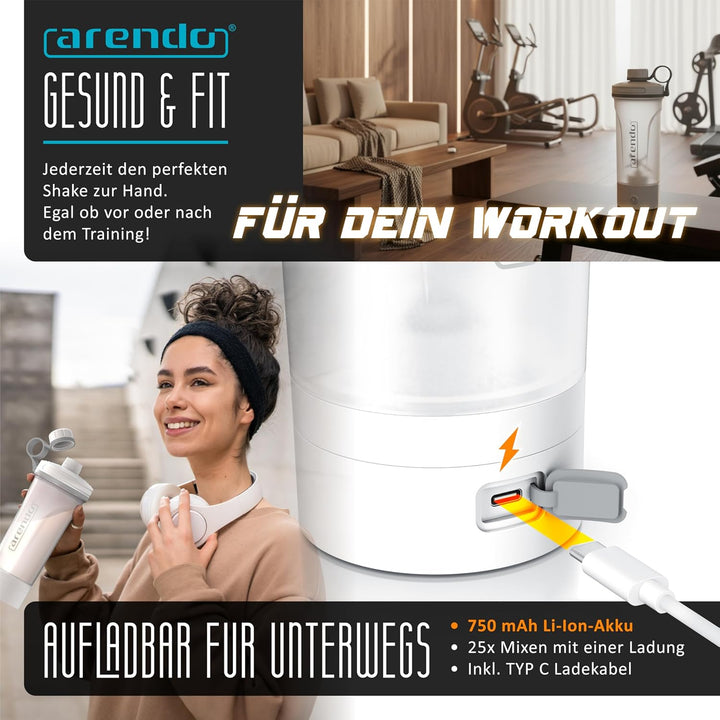 Arendo - Eiweiss Shaker elektrisch 700ml – Protein Shaker mit Akku - BPA frei – Drink Mixer to Go –