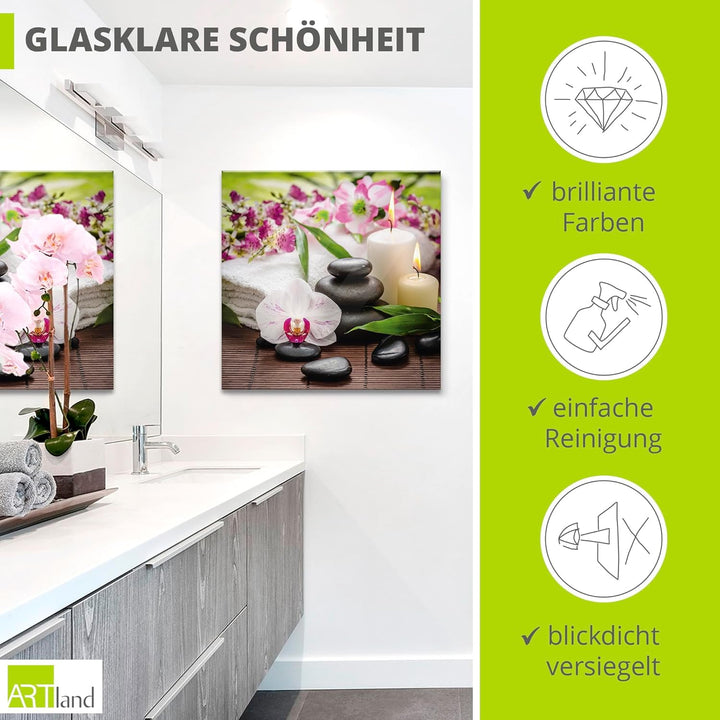 ARTland Glasbilder Wandbild Glas Bild einteilig 40x40 cm Quadratisch Wellness Zen Steine Spa Orchide