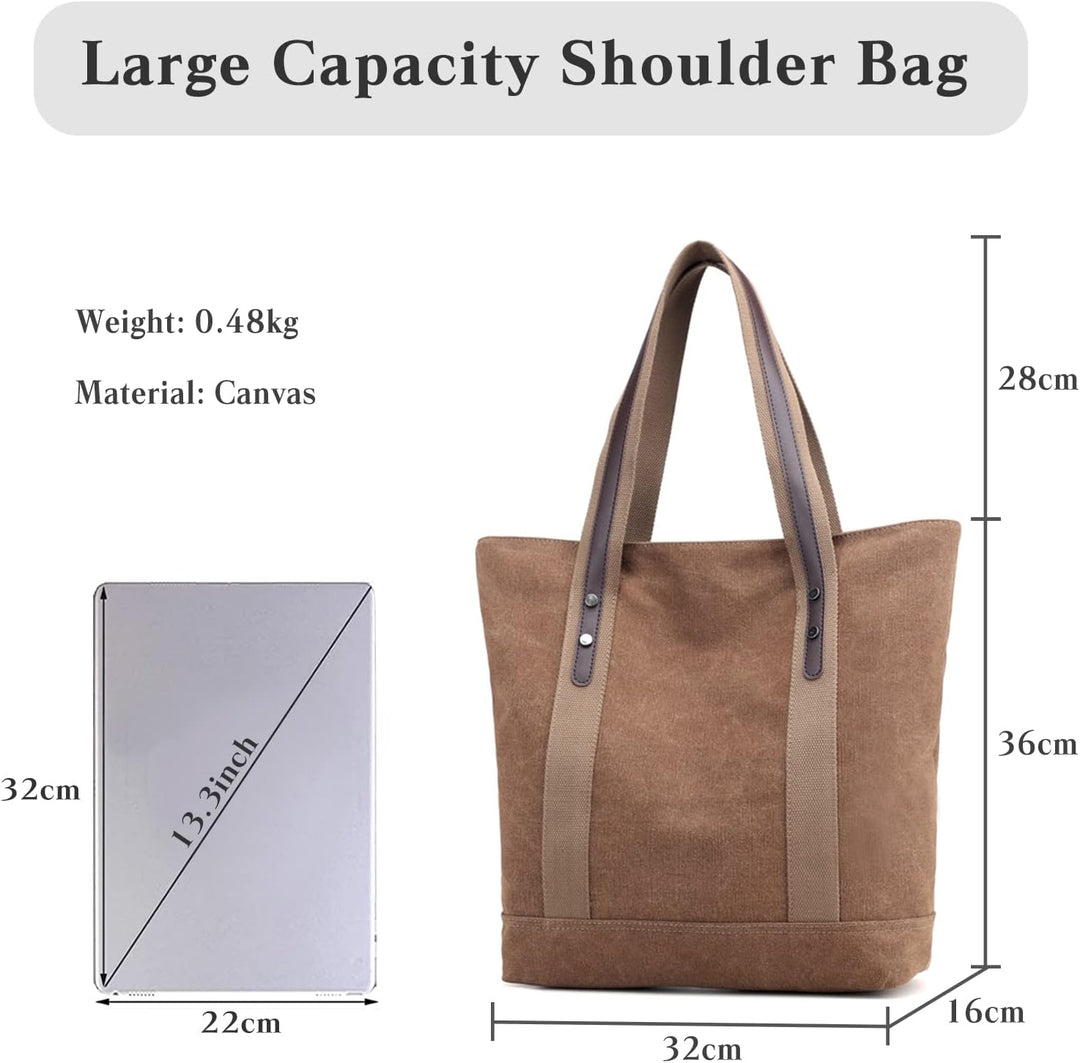 PORRASSO Damen Schultertasche Gross Canvas Handtasche Mode Tote Henkeltasche für Schule Arbeit Einka