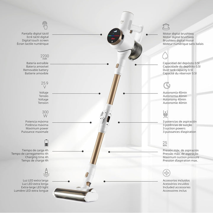 Ufesa Z5 Digital Akku Staubsauger, Selbstladender-Flexibler, 25.9V, LED Touchscreen, 25KPa, 300W, 40