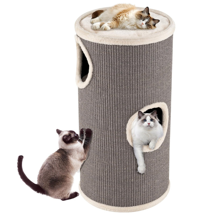 GOPLUS Kratztonne 3 Ebenen, 70 cm Katzentonne mit 3 Höhlen, Plüschbett, Liegefläche & Sisal-Kratzbre