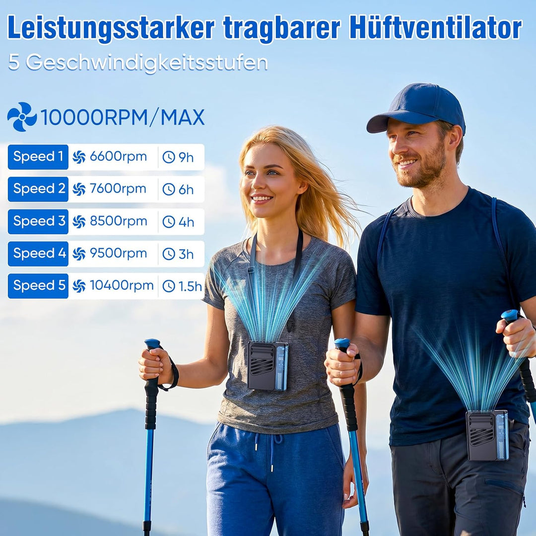 Tragbarer Taillen Clip Ventilator - 4000mAH Schwarz Aufladbar, 10000RPM, Tshirt Ventilator mit LED-D