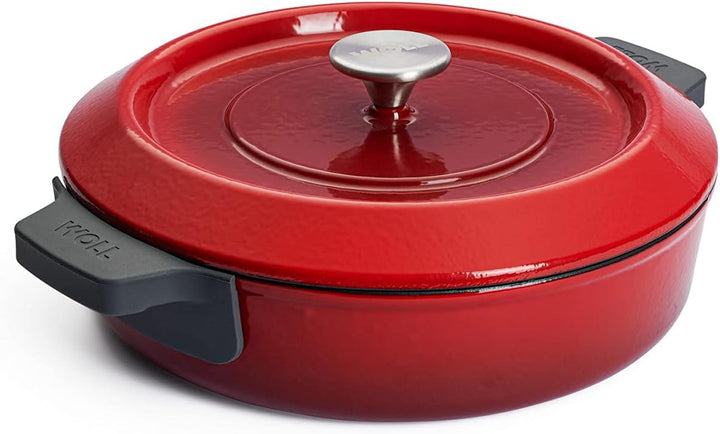 Woll 828CI-010 Iron Gusskasserolle mit Deckel 3,7 Liter + Silikongriffen Rot, Rot