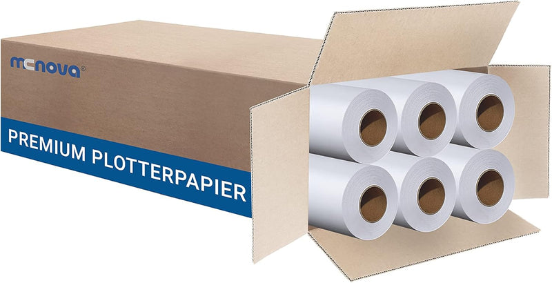 MC NOVA Plotterpapier ungestrichen 90g/m² | 841mm x 50m | 6 Rollen | Kern 2" | Hohweisse Plotterroll