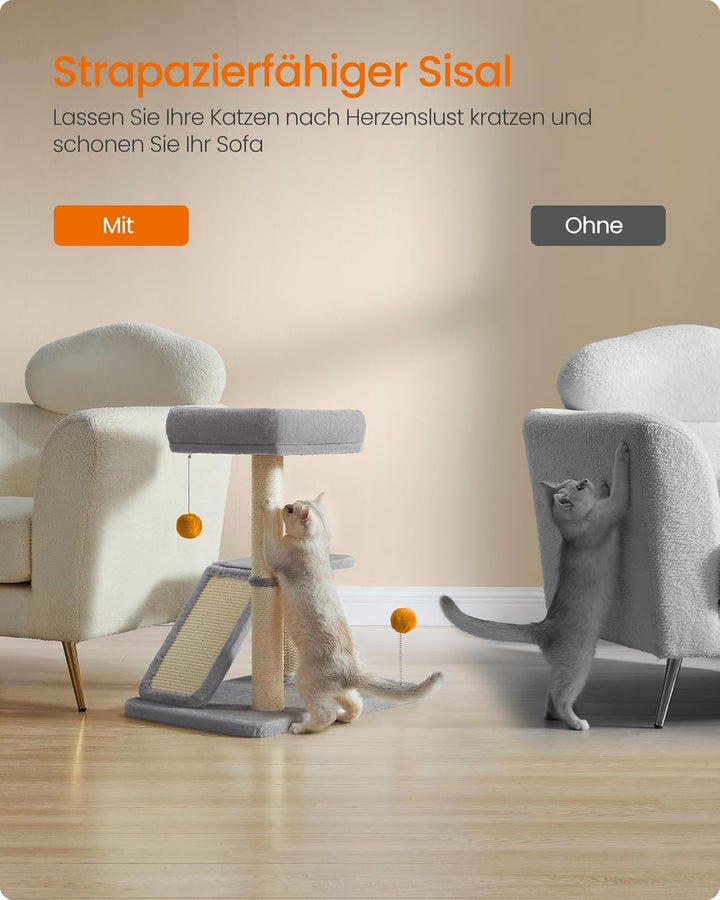 Feandrea Kratzbaum mit Liegefläche, multifunktionaler Katzenbaum mit Plattform, drehbare Rampe, Katz