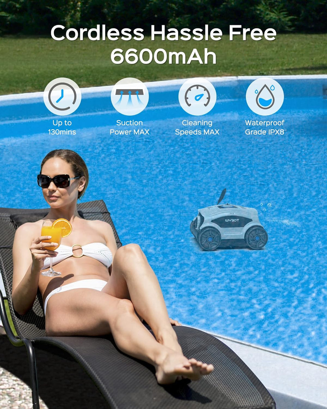 WYBOT Poolroboter Akku für 130 Minuten Betrieb, Poolsauger mit Starke Leistung, Dual-Antriebsmotoren