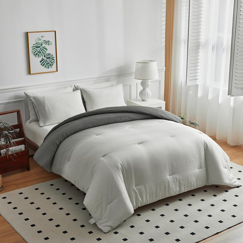 OLDBIAO Bettdecke 135 x 200 cm + 2 Kissenbezüge 80 x 80 cm 3 Teilig mit Weiss - Hell - Dunkel Grau F