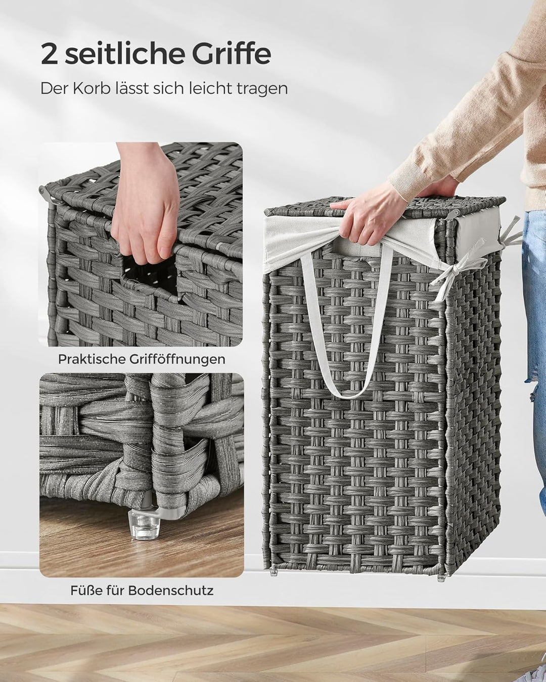 SONGMICS Aufbewahrungskorb, schmutzige Wäsche, 90 l, mit Deckel, faltbar, abnehmbarer Stoffbeutel un