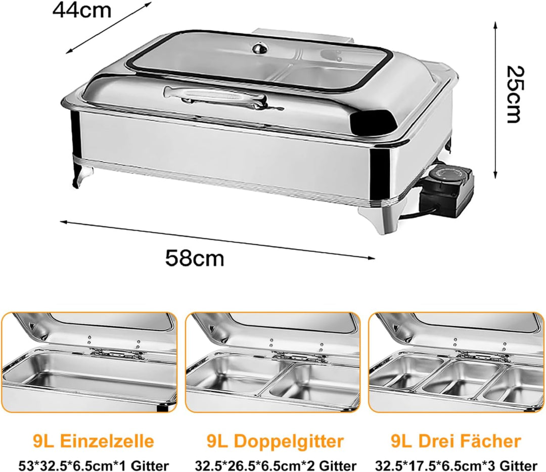 Chafing Dish Elektrisch 9L, Catering Warmhaltebehälter Edelstahl, Rechteckiger Chafing Dish Set Spei