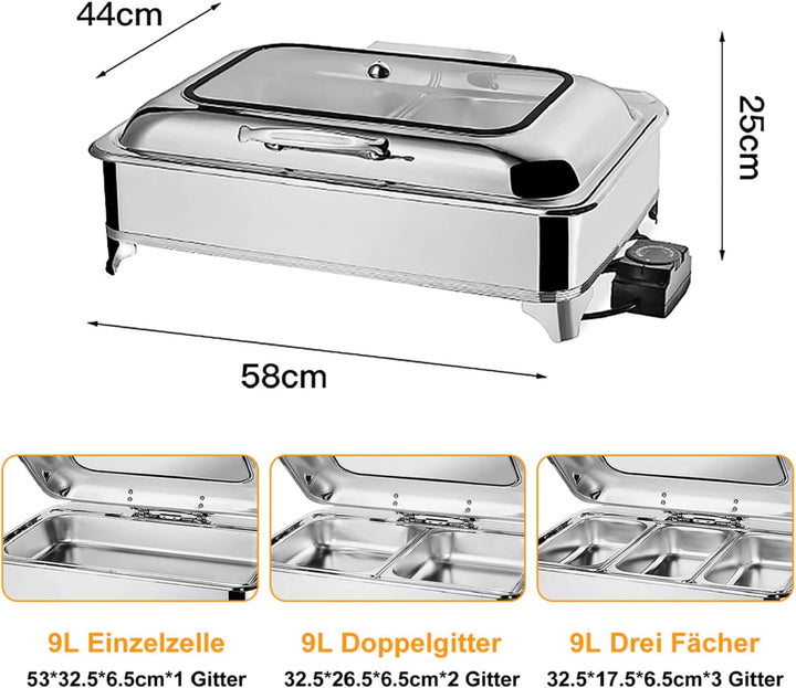 Chafing Dish Elektrisch 9L, Catering Warmhaltebehälter Edelstahl, Rechteckiger Chafing Dish Set Spei