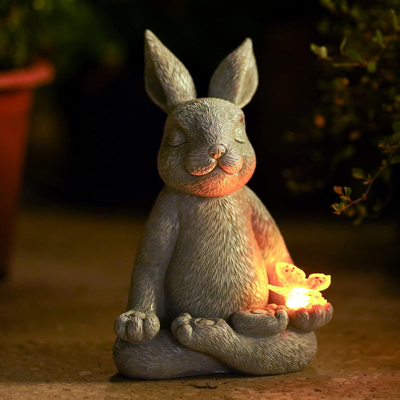 Yeomoo Meditation Yoga Kaninchen Figuren Deko Zimmer Gartendeko für Drau: Hase mit Solar Schmetterli