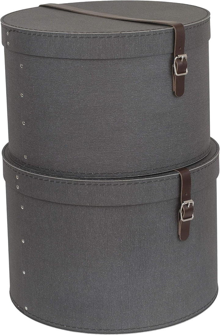 Bigso Box of Sweden 2er Set Aufbewahrungsboxen - Runde Aufbewahrungsbox mit Lederriemen - Grosse und