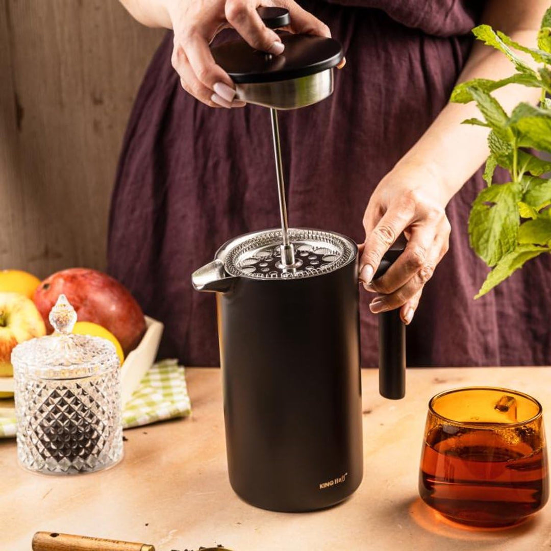 KINGHoff French Press 1 Liter, Mattschwarz, Doppelwandiger Edelstahl, Feinmaschiger Edelstahlfilter,