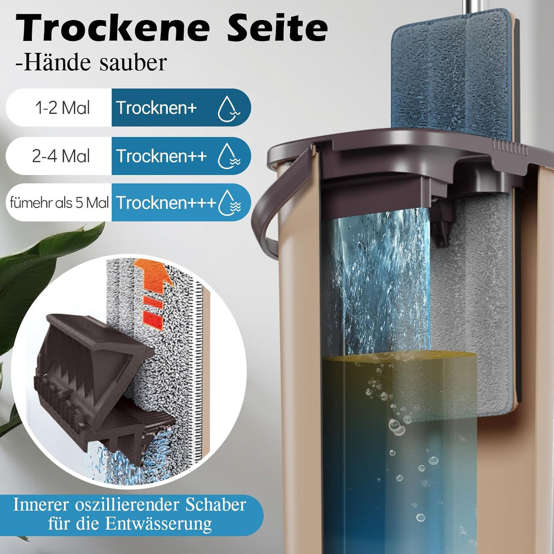 MASTERTOP Flach Mopp mit Eimer und 6 Mikrofaser Moppkopf, Hand-Frei Wischmop & Bodenwischer mit ausw
