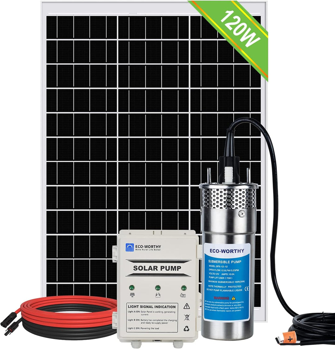 DCHOUSE Solar-Tiefenbrunnen-Wasserpumpen-Kit, 12-V-DC-Tauchwasserpumpe mit 120-W-Mono-Solarpanel, 10