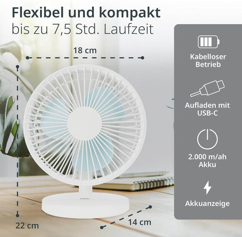 ADE Sehr leiser Tischventilator | USB Ventilator mit 3 Geschwindigkeitsstufen | 2.000 mAh Akku für b