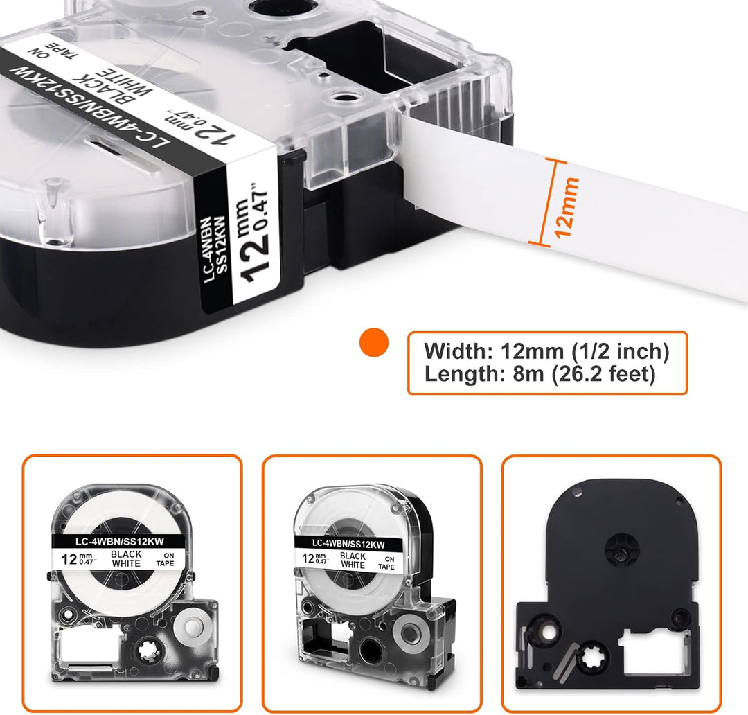 5x Labelwell 12MM Kompatibel Schriftband Ersatz für LC-4WBN9 SS12KW Schwarz auf Weiss Arbeiten für L