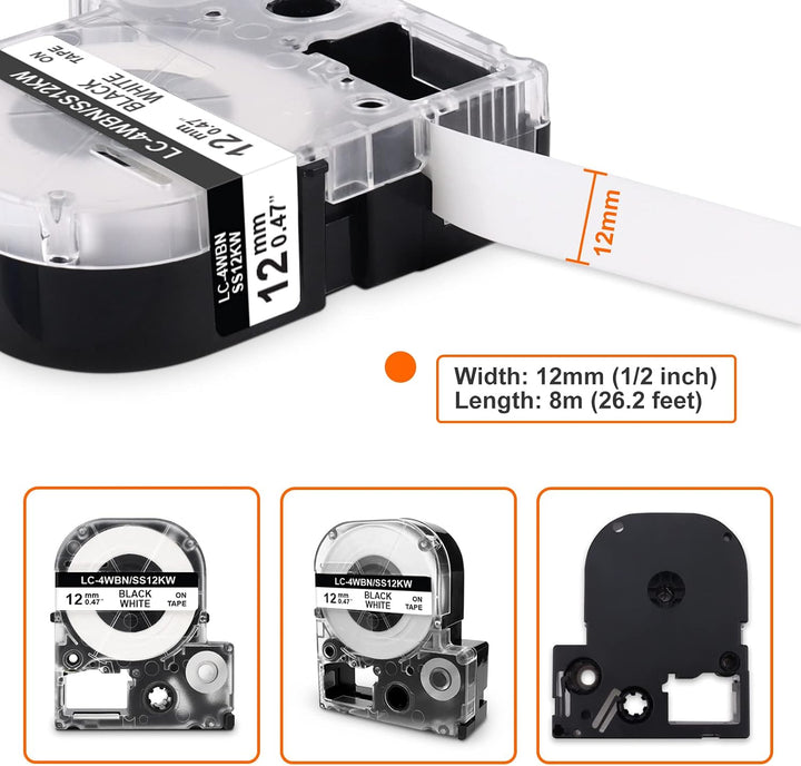 5x Labelwell 12MM Kompatibel Schriftband Ersatz für LC-4WBN9 SS12KW Schwarz auf Weiss Arbeiten für L