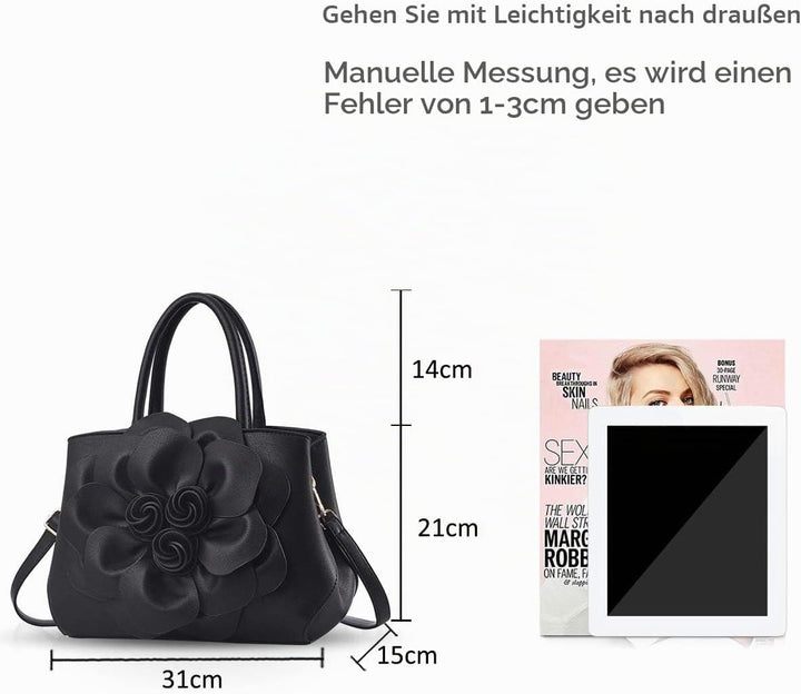 NICOLE &amp; DORIS Modische Damen-Umhängetasche, Handtasche, Umhängetasche, Blumenmotiv Schwarz, Schwarz