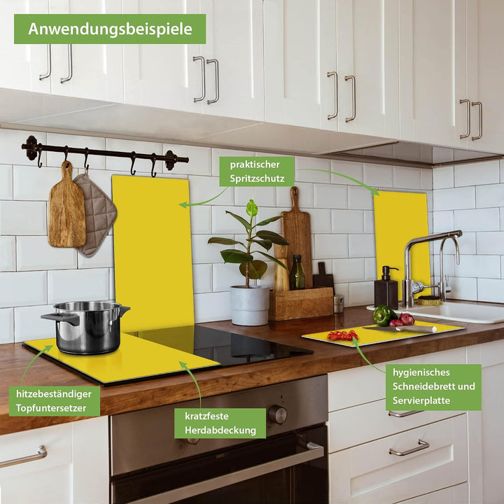 banjado® Herdabdeckplatte Glas 2-teilig je 30x52 cm/Schneidebrett Herdabdeckung mit Motiv Sonnengelb