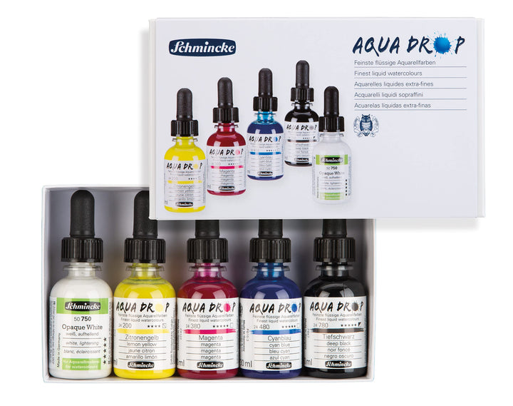 Schmincke - AQUA DROP, flüssige, hochlichtechte Aquarellfarbe, 5 x 30 ml Primärfarben + Opaque White