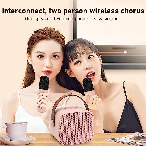 Karaoke Maschinen Set, Tragbarer Stereo Bluetooth Lautsprecher mit 2 Kabellosen Mikrofonen für Kinde