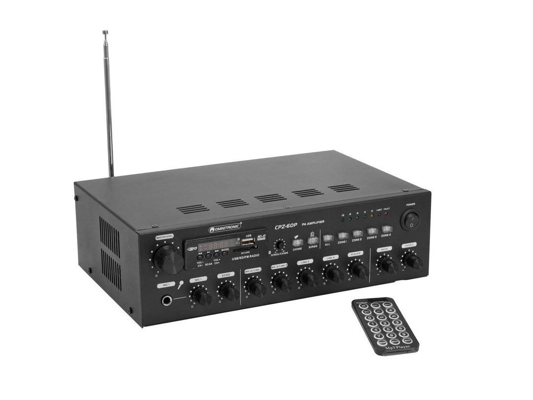 OMNITRONIC CPZ-60P ELA-Mischverstärker | 4-Zonen-ELA-Mono-Mischverstärker mit MP3-Player, Bluetooth,