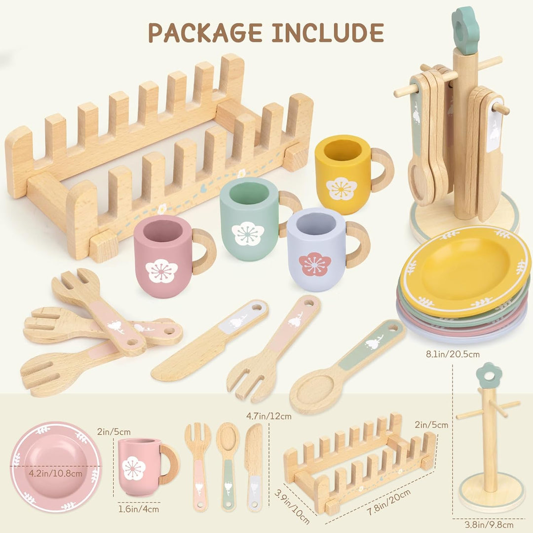 Kinderküche Geschirr Teeservice Kinder Holz, 29 Pcs Montessori Küchenzubehör mit Tassen Teller, Spie