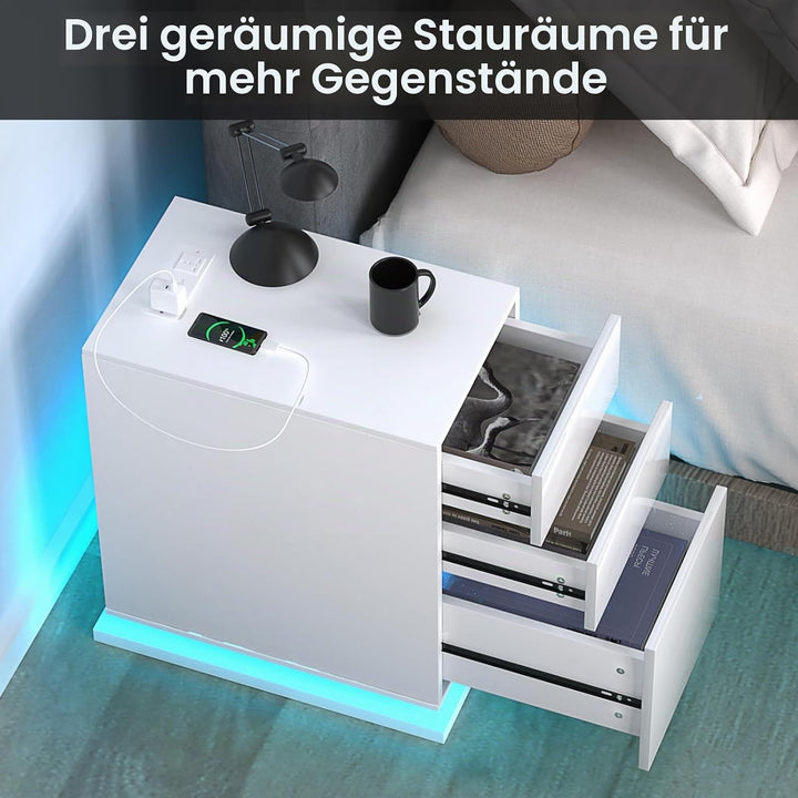 Nachttisch Schmal mit Led, Schmaler Kleiner Nachtschrank mit Steckdose und 3 Schubladen, Nachtkästch