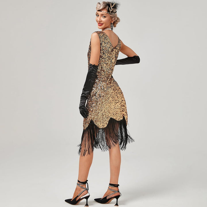 FYMNSI Damen 1920er Jahre V-Ausschnitt Pailletten Fransen Kleid Flapper Charleston Kleider Cocktailk