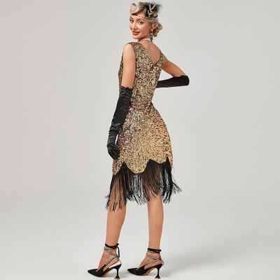 FYMNSI Damen 1920er Jahre V-Ausschnitt Pailletten Fransen Kleid Flapper Charleston Kleider Cocktailk