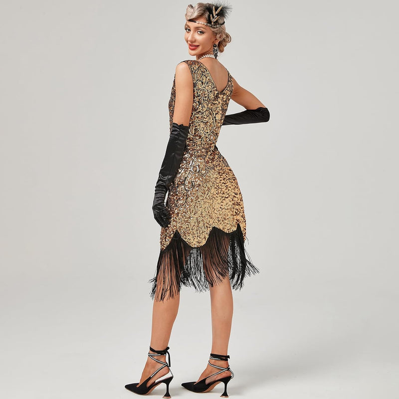 FYMNSI Damen 1920er Jahre V-Ausschnitt Pailletten Fransen Kleid Flapper Charleston Kleider Cocktailk