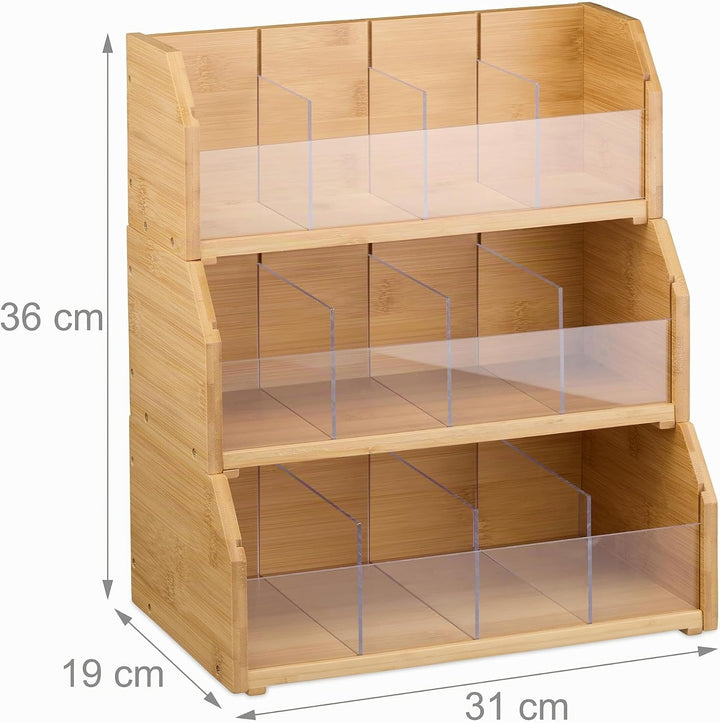 Relaxdays Tee Organizer, 12 Fächer, Bambus, HBT: 36x31x19 cm, Tee &amp; Kaffeepads, Teebeutelbehälter mi