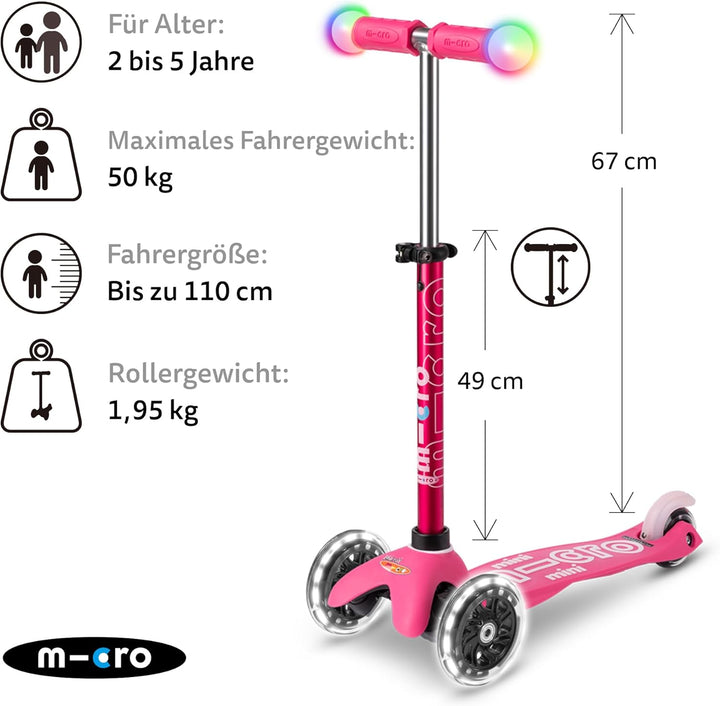 Micro Mini-LED-Lenker mit 3 Rädern für Kleinkinder, 2–5 Jahre, neigbar und schlank, für Kleinkinder