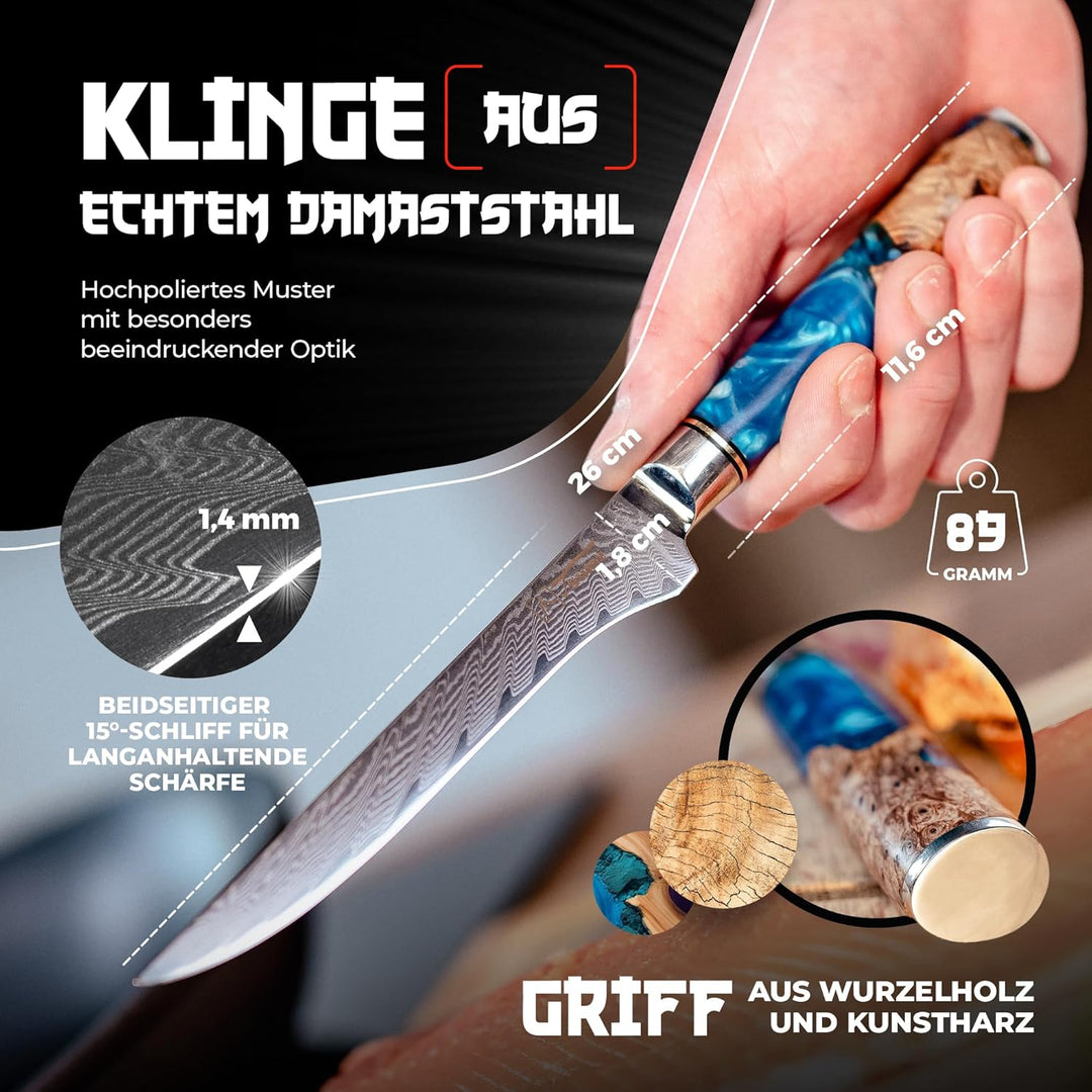 Tsume Filetiermesser Saphir, Klingenlänge 15cm, Echtes Damast Küchenmesser, 67 Schichten VG10 Edelst