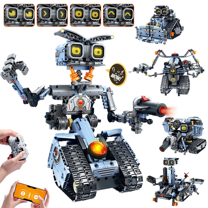 Technik Roboter Bausatz für Kinder mit LED Augen, 5-in-1 App Fernbedienung Roboticset Baustein RC Bu