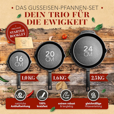 KRUSTENZAUBER 16+20+24cm Gusseisenpfannen Induktion - Voreingebrannte Gusseisen Pfannen - Ideale Gri
