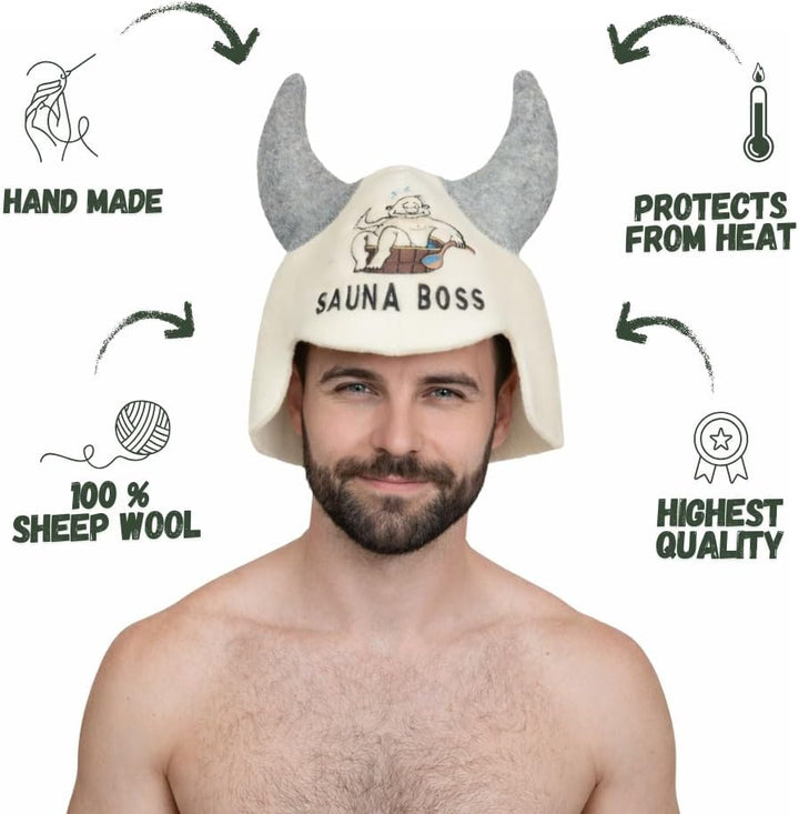 Natural Textile Saunahut 'Sauna Boss Devil' White - 100% organische Wollfilzmützen - Schützen Sie Ih
