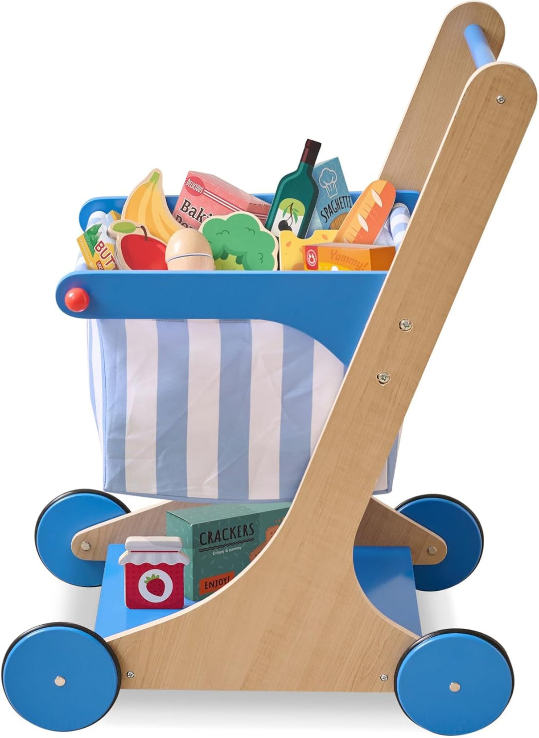 Teamson Kids Holz Einkaufswagen Spielzeug für Kinder mit Zubehör in Blau, Rollenspiel-Laden aus Holz
