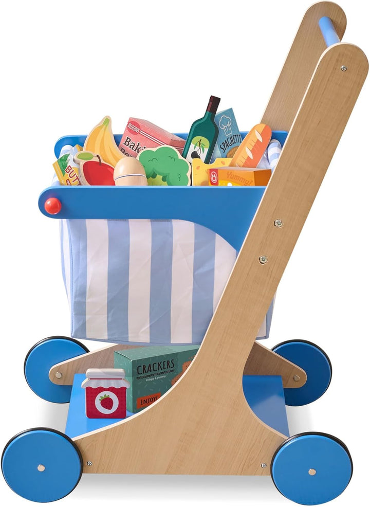 Teamson Kids Holz Einkaufswagen Spielzeug für Kinder mit Zubehör in Blau, Rollenspiel-Laden aus Holz