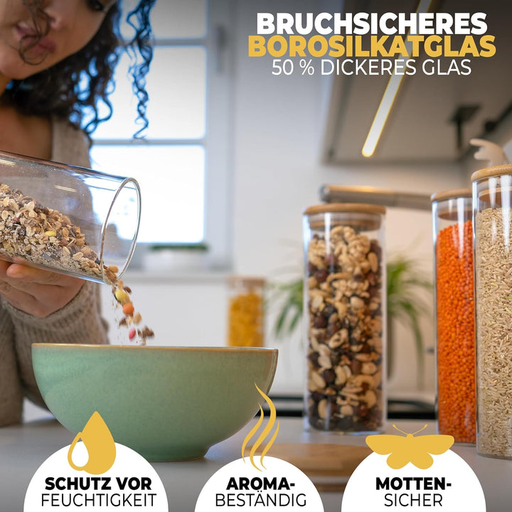 Vorratsgläser mit Deckel, Rund - 5x 850ml, Erhöhte Glasstärke, Vorratsdosen mit Deckel luftdicht, Au