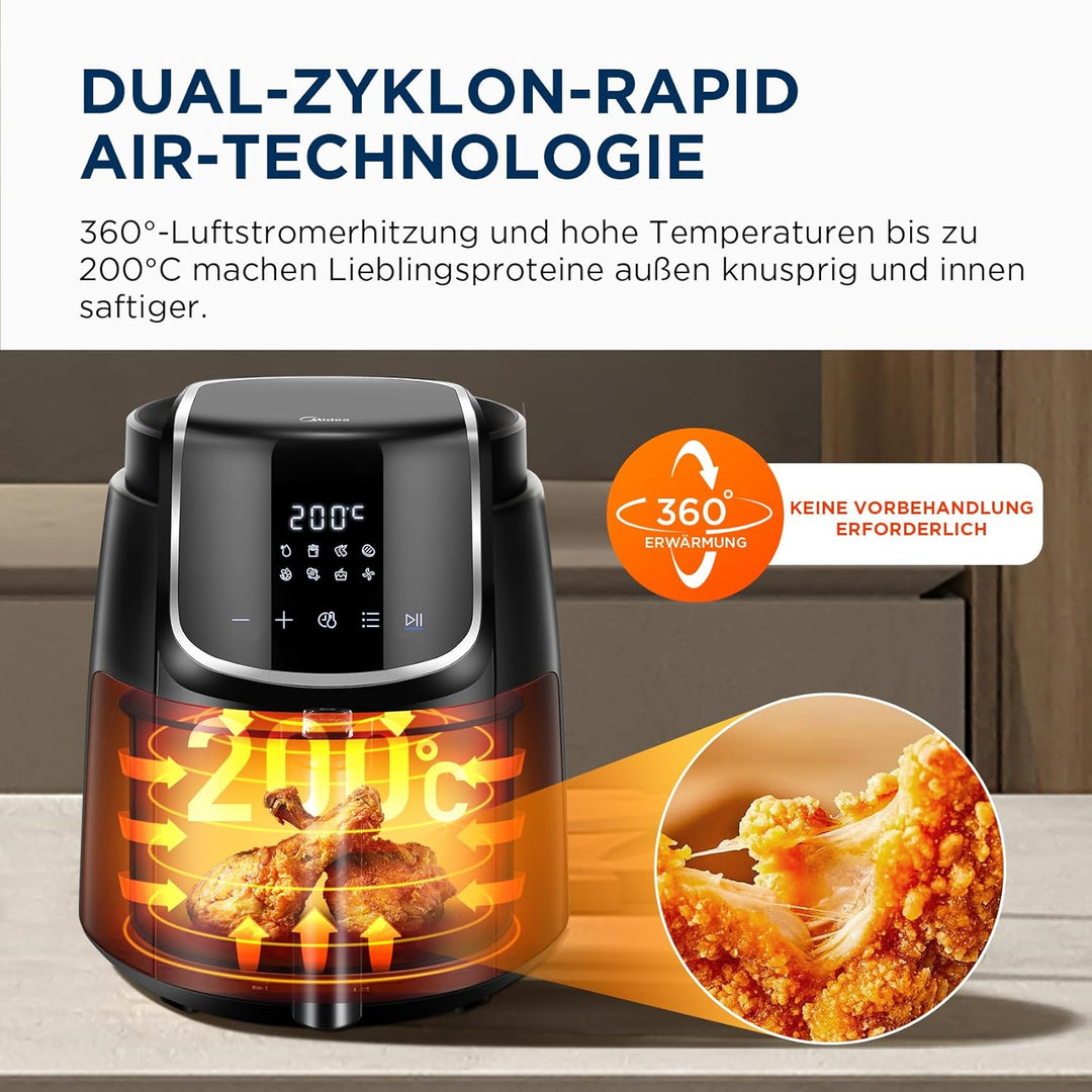 Midea Heissluftfritteuse 4L XL Air Fryer mit LED-Touchscreen, [35-200°C|8 Kochfunktionen|Spülmaschin