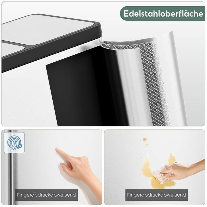 Clevich Mülltrennsystem 3×15L aus Stahl, Mülleimer 3 Fächer mit farbcodierten Pedalen, Abfalleimer m