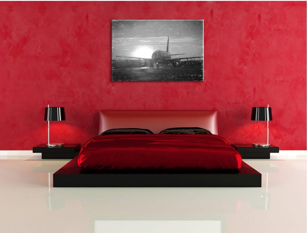 Pixxprint Flugzeug im Sonnenuntergang 100x70cm Leinwandbild Wandbild Kunstdruck, 100x70