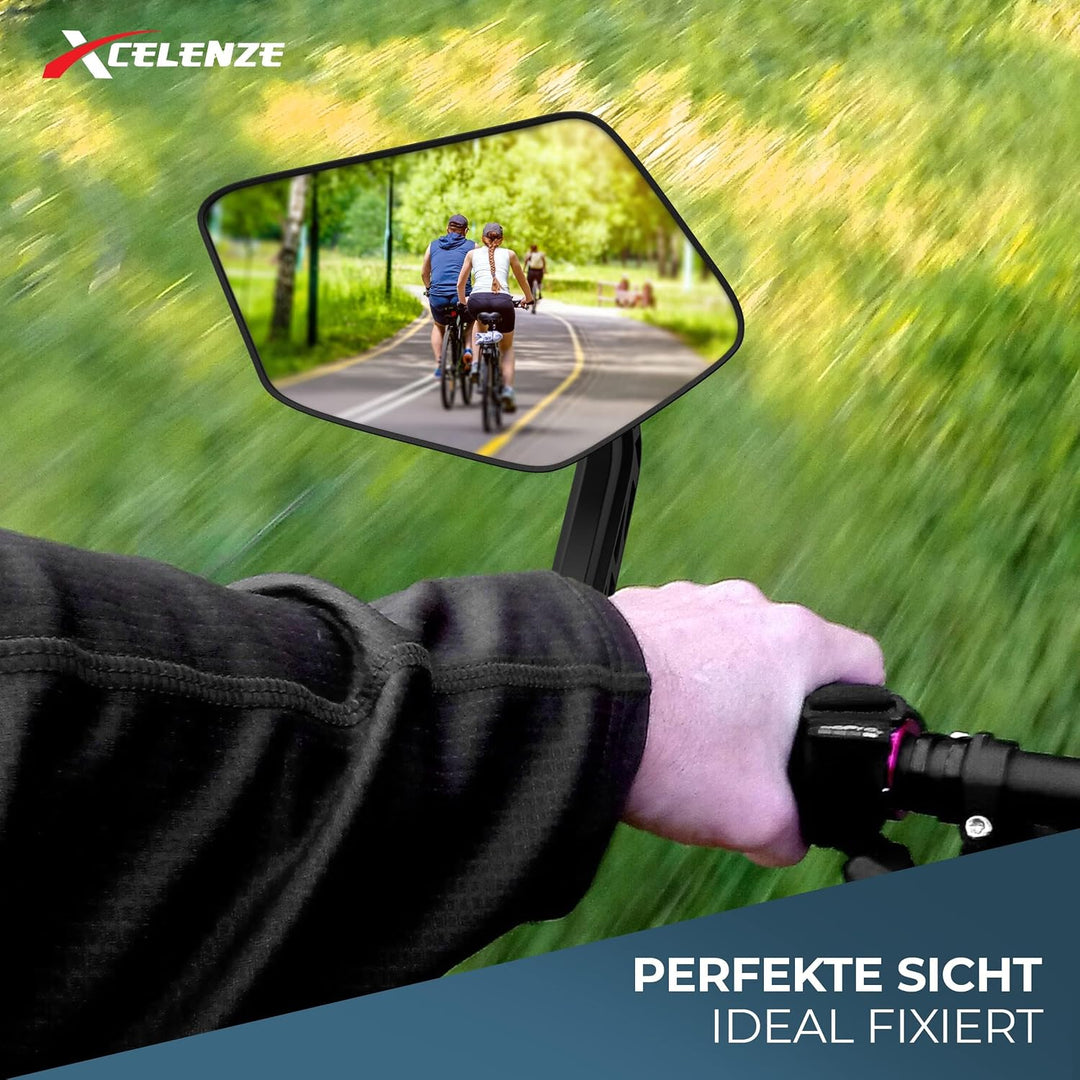 Xcelenze - Fahrradspiegel extra grosse Spiegelfläche |schlagfestes Echtglas| für Lenker ebike | Rück